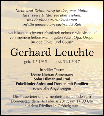 Traueranzeige von Gerhard Leuchte von WVG - Wochenspiegel Dessau / Köthen