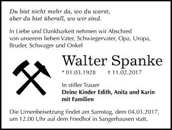 Traueranzeige von Walter Spanke von Mitteldeutsche Zeitung Sangerhausen