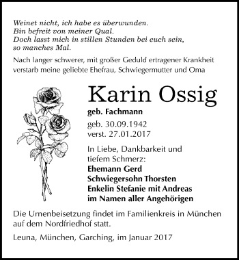 Traueranzeige von Karin Ossig von Mitteldeutsche Zeitung Merseburg/Querfurt