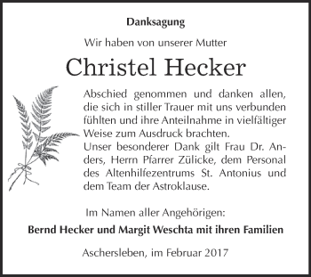 Traueranzeige von Christel Hecker von Super Sonntag SGH Mansf. Land