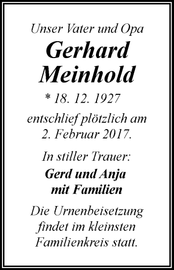Traueranzeige von Gerhard Meinhold von Mitteldeutsche Zeitung Sangerhausen