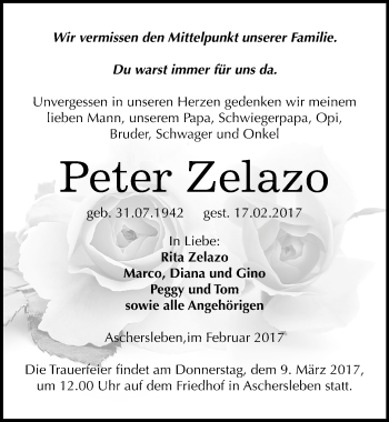 Traueranzeige von Peter Zelazo von Mitteldeutsche Zeitung Aschersleben