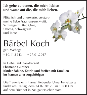 Traueranzeige von Bärbel Koch von Mitteldeutsche Zeitung Bernburg