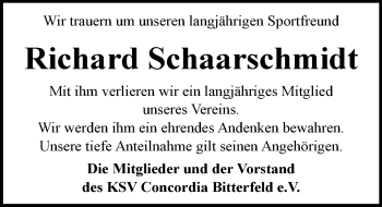 Traueranzeige von Richard Schaarschmidt von Mitteldeutsche Zeitung Bitterfeld