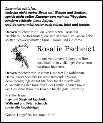 Traueranzeige von Rosalie Pscheidt von Mitteldeutsche Zeitung Sangerhausen