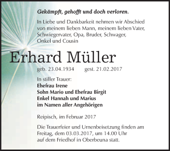 Traueranzeige von Erhard Müller von Super Sonntag Halle