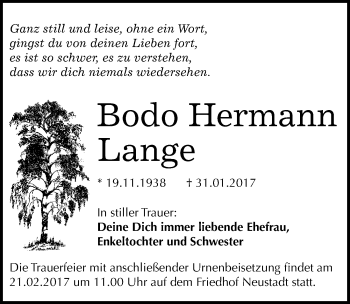 Traueranzeige von Bodo Hermann Lange von Mitteldeutsche Zeitung Halle/Saalkreis