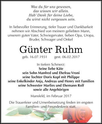 Traueranzeige von Günter Ruhm von Super Sonntag SGH Mansf. Land