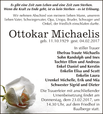 Traueranzeige von Ottokar Michaelis von Super Sonntag Bernburg