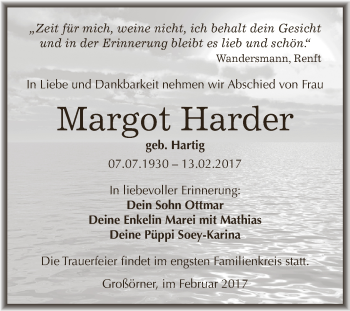 Traueranzeige von Margot Harder von Super Sonntag SGH Mansf. Land