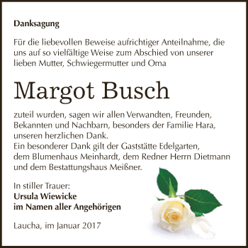 Traueranzeige von Margot Busch von Super Sonntag SGH Mansf. Land