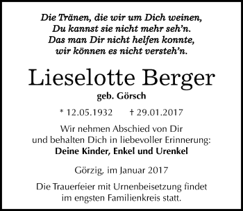 Traueranzeige von Lieselotte Berger von Mitteldeutsche Zeitung Köthen