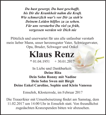 Traueranzeige von Klaus Renz von Mitteldeutsche Zeitung Sangerhausen