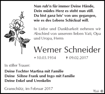 Traueranzeige von Werner Schneider von WVG - Wochenspiegel NMB / WSF / ZTZ