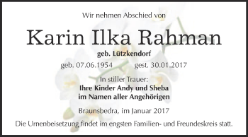 Traueranzeige von Karin Ilka Rahman von Super Sonntag Halle