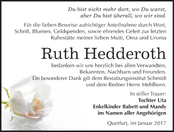 Traueranzeige von Ruth Hedderoth von Mitteldeutsche Zeitung Merseburg/Querfurt