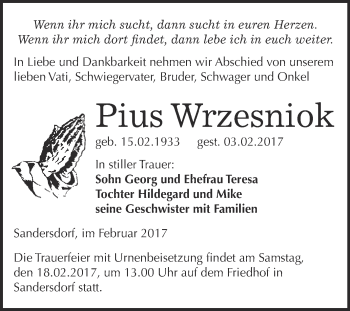 Traueranzeige von Pius Wrzesniok von WVG - Wochenspiegel Bitterfeld