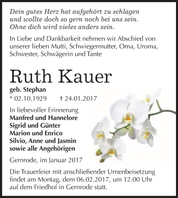 Traueranzeige von Ruth Kauer von Super Sonntag Quedlinburg