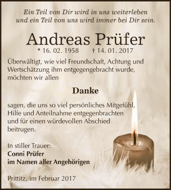 Traueranzeige von Andreas Prüfer von WVG - Wochenspiegel NMB / WSF / ZTZ