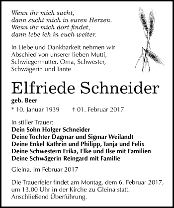 Traueranzeige von Elfriede Schneider von Mitteldeutsche Zeitung Zeitz