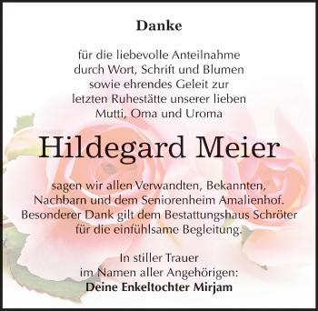 Traueranzeige von Hildegard Meier von Mitteldeutsche Zeitung Dessau-Roßlau