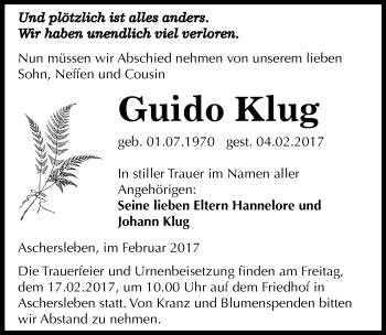 Traueranzeige von Guido Klug von Mitteldeutsche Zeitung Aschersleben