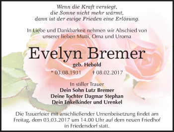 Traueranzeige von Evelyn Bremer von Mitteldeutsche Zeitung Bitterfeld