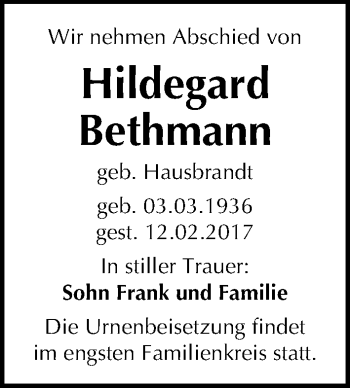 Traueranzeige von Hildegard Bethmann von Mitteldeutsche Zeitung Halle/Saalkreis