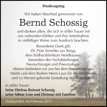 Traueranzeige von Bernd Schossig von Super Sonntag SGH Mansf. Land