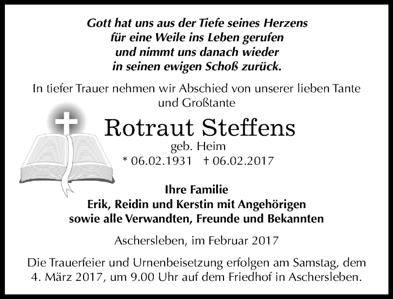  Traueranzeige für Rotraut Steffens vom 24.02.2017 aus Mitteldeutsche Zeitung Aschersleben