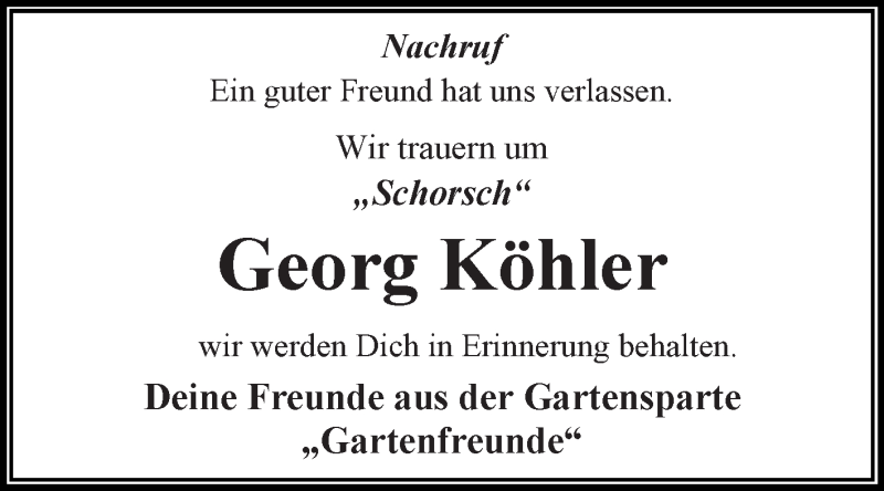  Traueranzeige für Georg Köhler vom 25.02.2017 aus WVG - Wochenspiegel Dessau / Köthen
