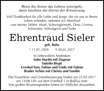 Traueranzeige von Ehrentraud Sieler von Mitteldeutsche Zeitung Dessau-Roßlau