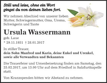 Traueranzeige von Ursula Wassermann von WVG - Wochenspiegel Dessau / Köthen