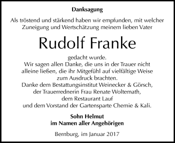 Traueranzeige von Rudolf Franke von Mitteldeutsche Zeitung Bernburg