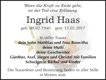 Traueranzeige von Ingrid Haas von Mitteldeutsche Zeitung Dessau-Roßlau