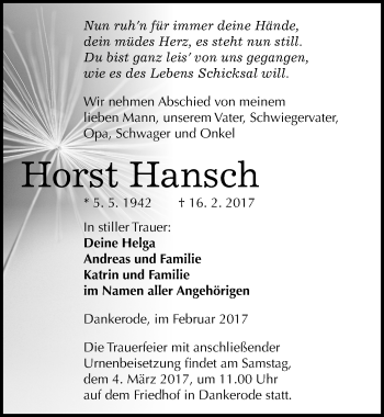 Traueranzeige von Horst Hansch von Mitteldeutsche Zeitung Quedlinburg