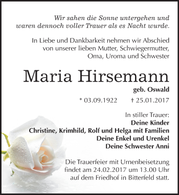Traueranzeige von Maria Hirsemann von Mitteldeutsche Zeitung Bitterfeld