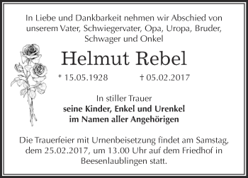 Traueranzeige von Helmut Rebel von Super Sonntag Bernburg