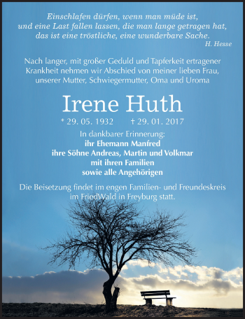 Traueranzeige von Irene Huth von Mitteldeutsche Zeitung Naumburg/Nebra