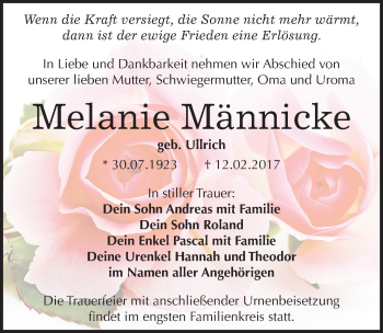 Traueranzeige von Melanie Männicke von Mitteldeutsche Zeitung Bitterfeld