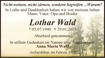 Traueranzeige von Lothar Wald von Super Sonntag SGH Mansf. Land
