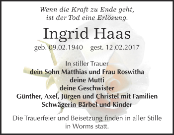 Traueranzeige von Ingrid Haas von WVG - Wochenspiegel Dessau / Köthen