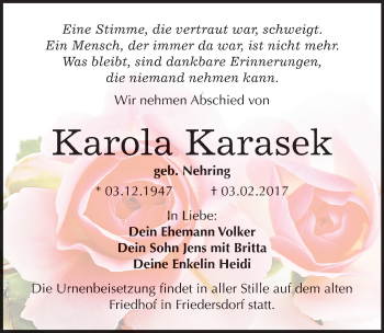 Traueranzeige von Karola Karasek von Mitteldeutsche Zeitung Bitterfeld
