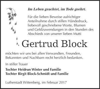 Traueranzeige von Gertrud Block von Super Sonntag Wittenberg