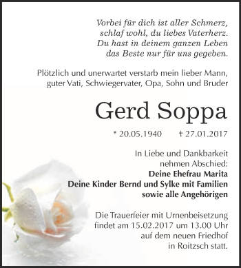 Traueranzeige von Gerd Soppa von WVG - Wochenspiegel Bitterfeld