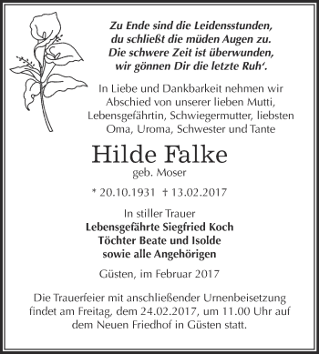 Traueranzeige von Hilde Falke von Super Sonntag Bernburg