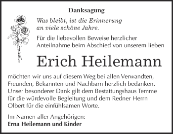Traueranzeige von Erich Heilemann von WVG - Wochenspiegel Bitterfeld