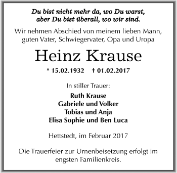 Traueranzeige von Heinz Krause von Mitteldeutsche Zeitung Mansfelder Land