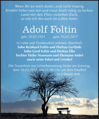 Traueranzeige von Adolf Foltin von Mitteldeutsche Zeitung Halle/Saalkreis