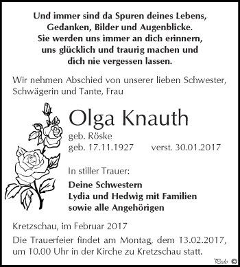 Traueranzeige von Olga Knauth von Super Sonntag Zeitz